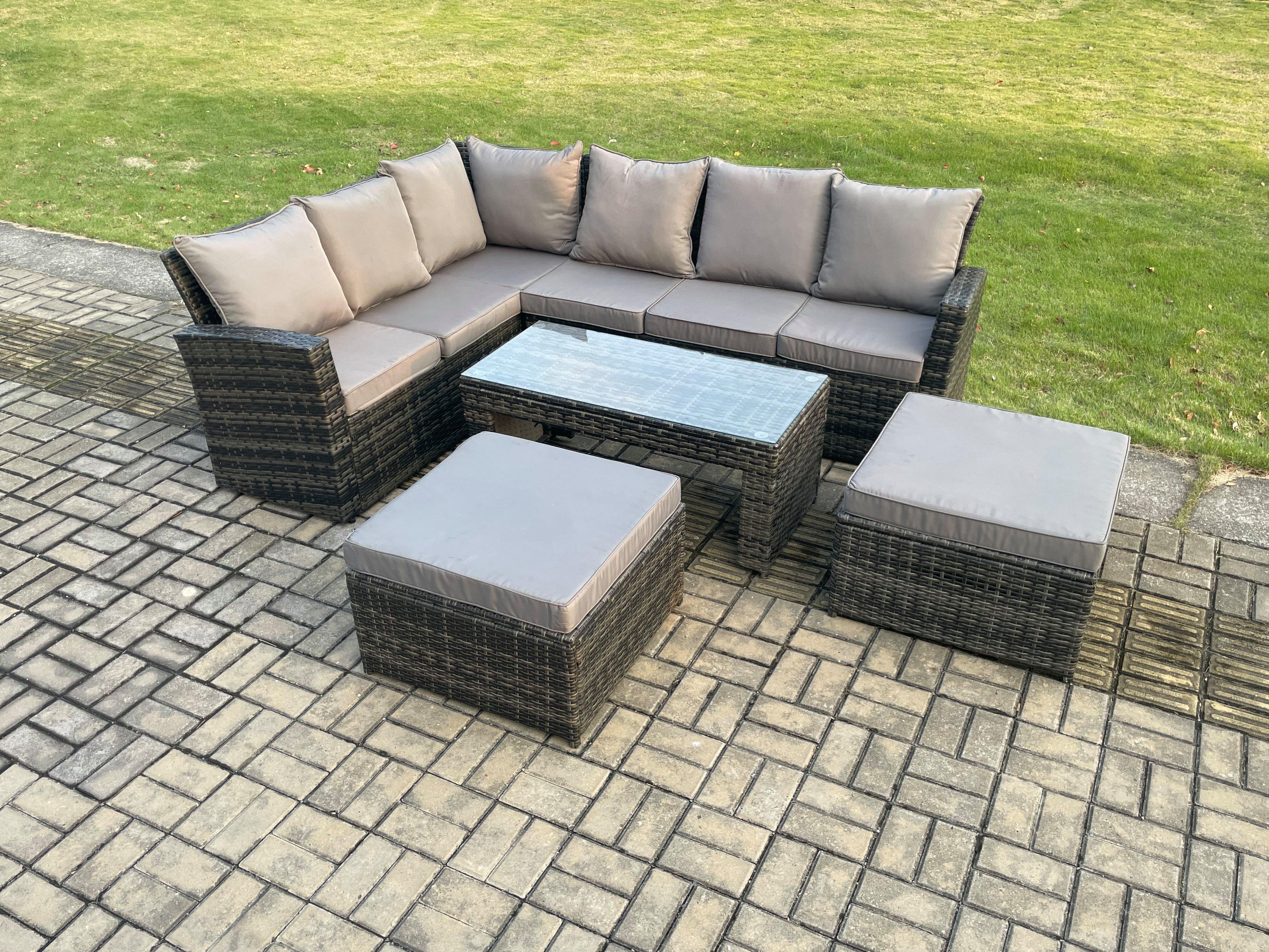 Outdoor Furniture Garden Dining Set Rattan Corner Sofa Set with 2 Big Footstool Dark Grey Mixed